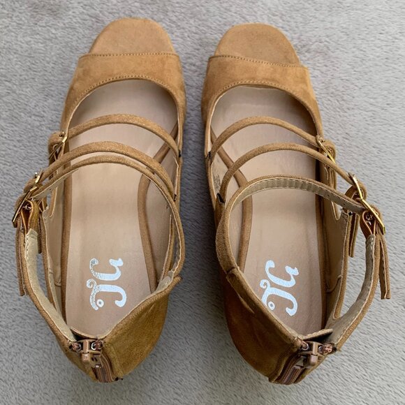 Journee Collection Skyla Tan Microsuede Strappy Peep Toe Demi Wedges - Picture 11 of 15